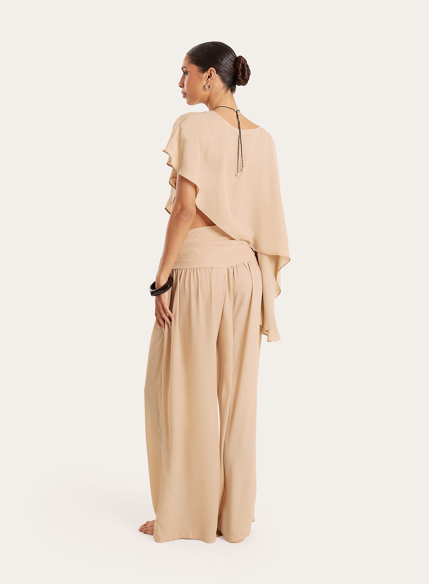 Beige Sheer Ruched Waist Wide Leg Trousers